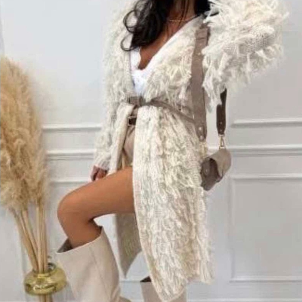 Cream Textured Long Cardigan